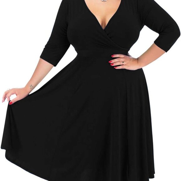 Plus Size V Neck Midi Dress with Pockets Casual Fall Elegant Stretch - Picture 1 of 2